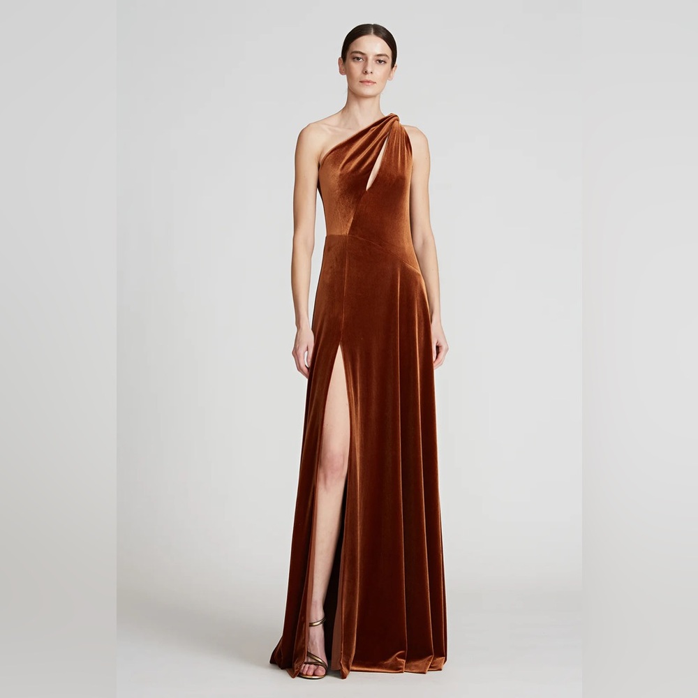 Halston one shoulder velvet gown
